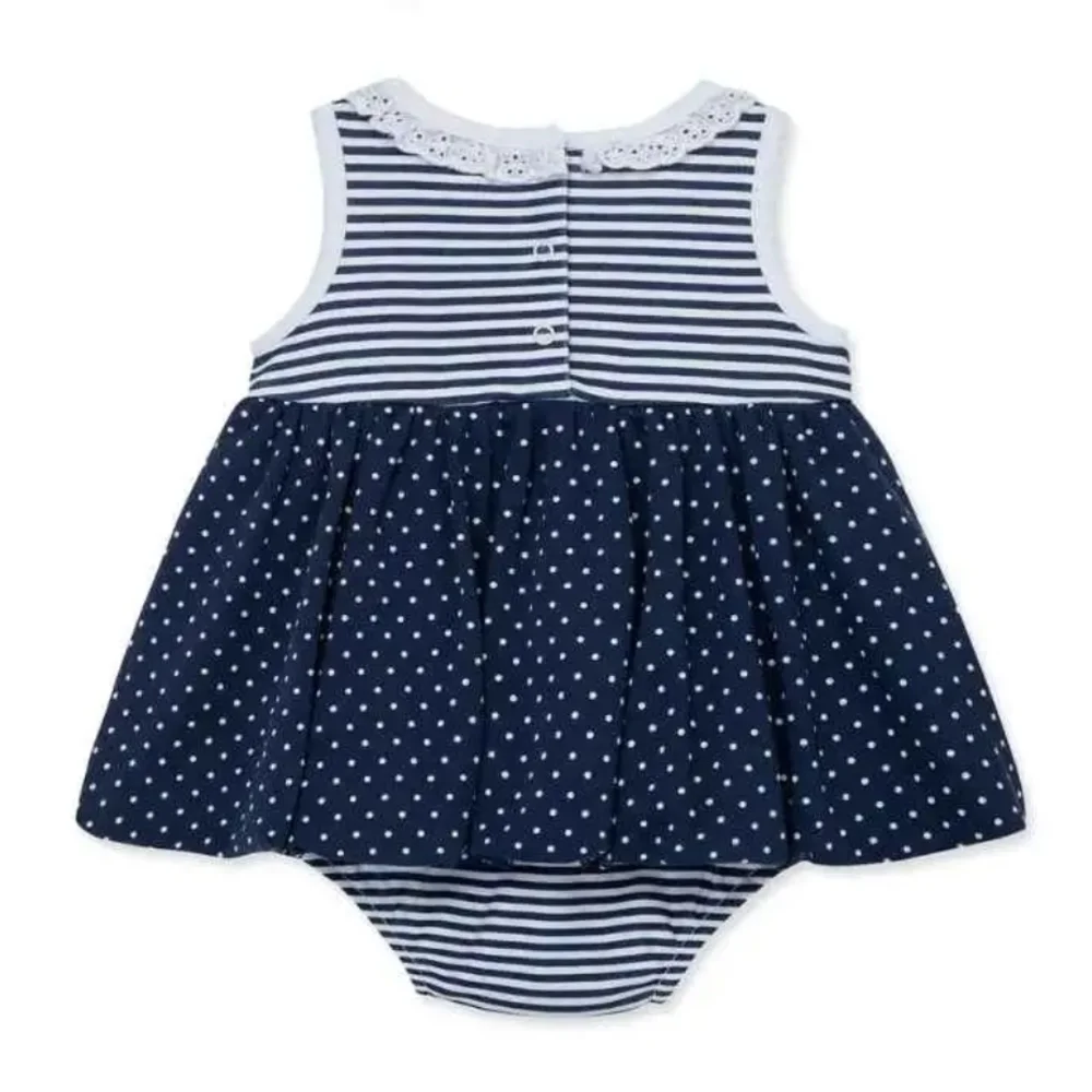 NWT Little Me Navy and White Sunsuit with Daisy Charm ~3-6M